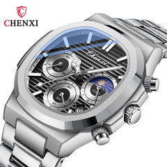 Chenxi Multifunctional Three-Eye Six-Needle Men's Watch with Calendar, Moon Phase, Timing, Octagonal Cross-Border Live Streaming Quartz Watch