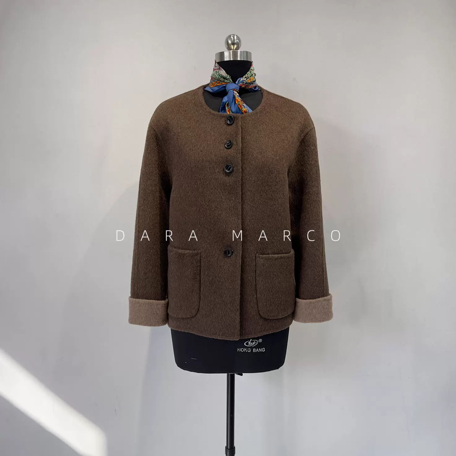 简约双面呢~双色圆领单排扣粉色羊毛短款大衣外套女秋冬小个友好