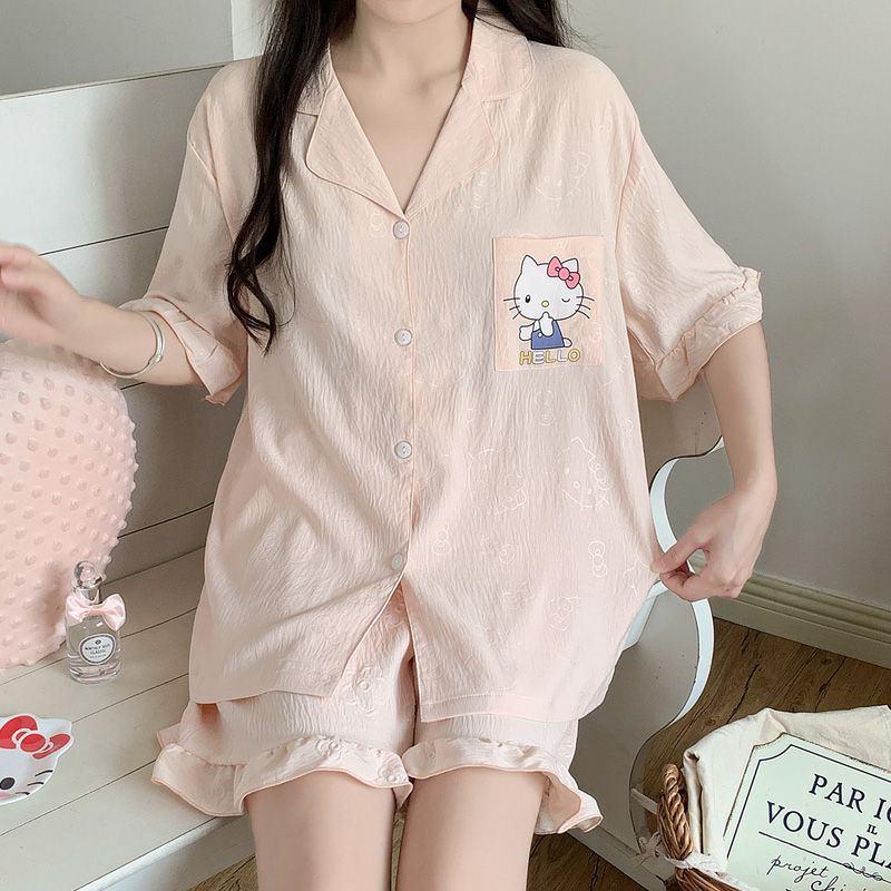 Venta al por mayor transfronteriza nuevo estilo verano nube algodón jacquard pijama mujer rebeca de solapa manga corta lindo conjunto de servicio a domicilio informal