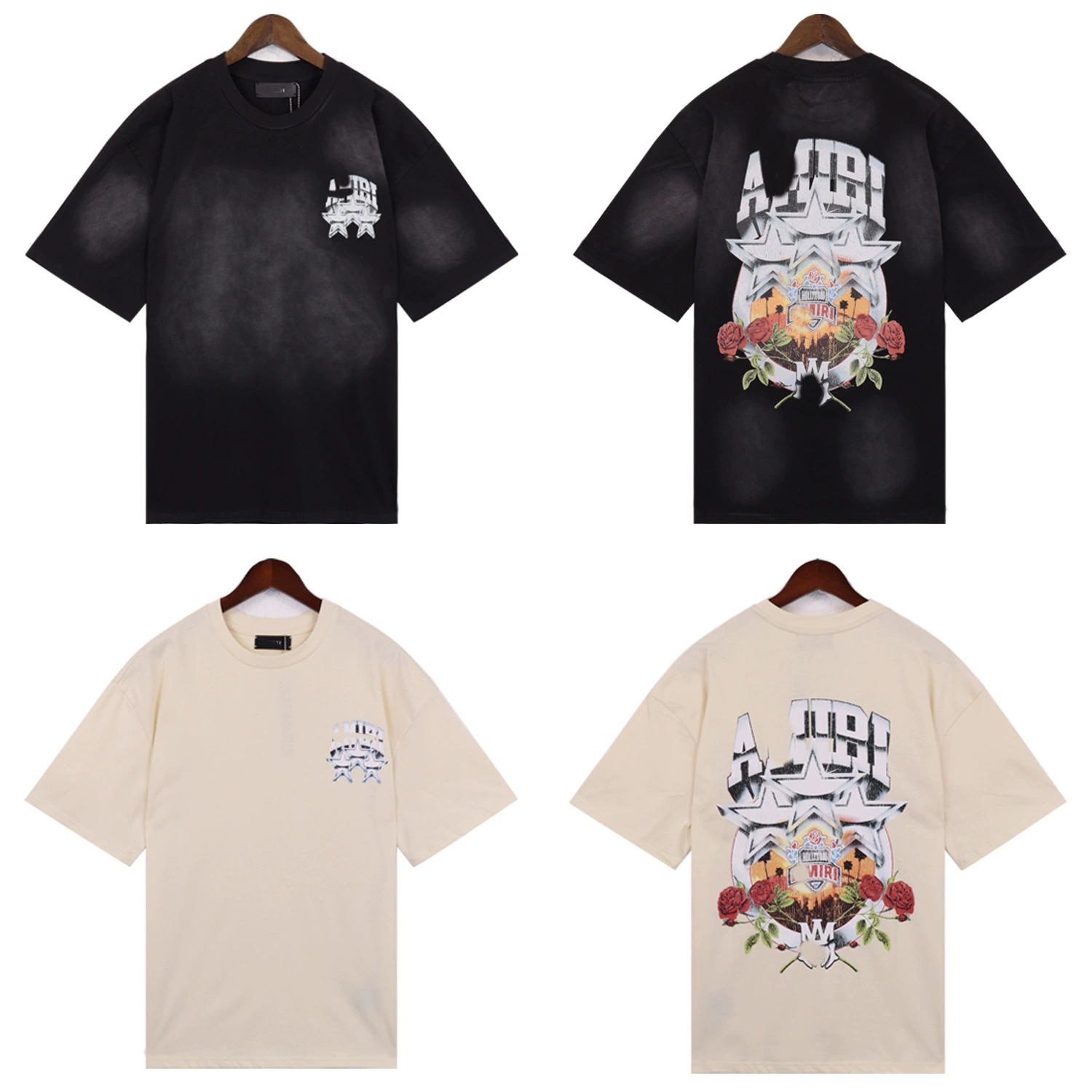 Американская футболка AMIRI новый ретро-принт с круглым вырезом свободного прилива для мужчин спортивный досуг с короткими рукавами
