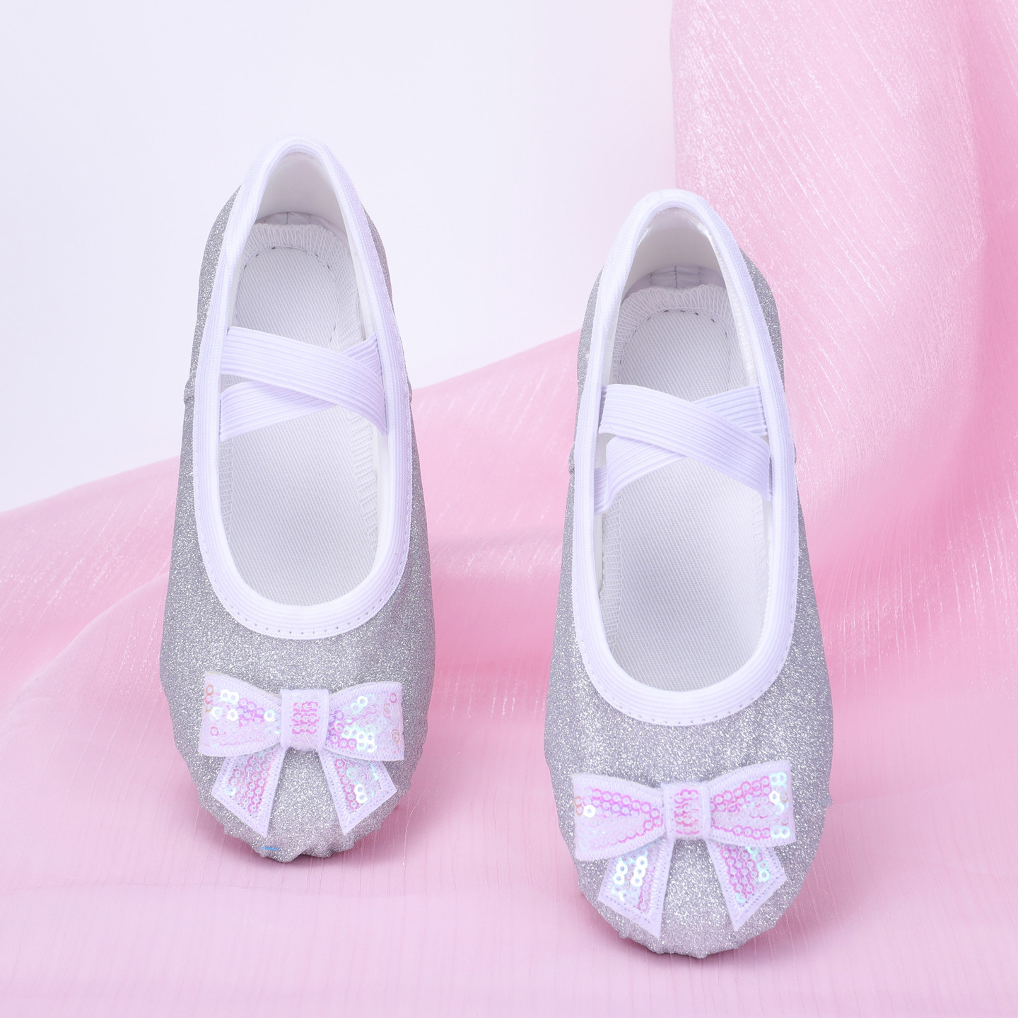 Shiny Silver Dance Shoes Kidsren's Stage Performance Practice Dance Shoes Girls Sequin Bow Cat Claw Shoes 8001