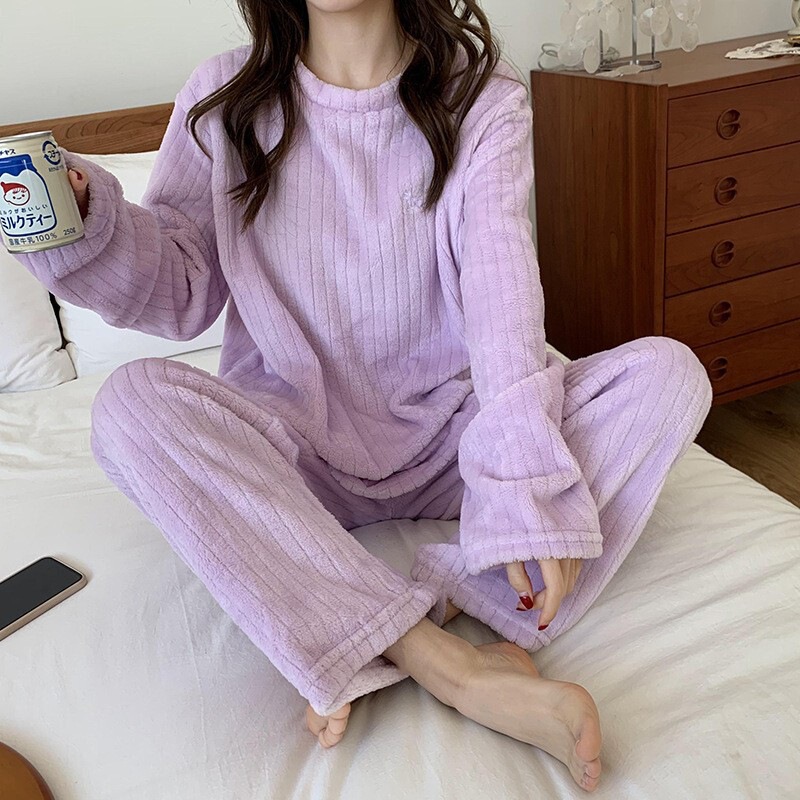 秋冬季珊瑚绒睡衣套装女加绒加厚家居服时尚可外穿法兰绒开衫睡袍|undefined