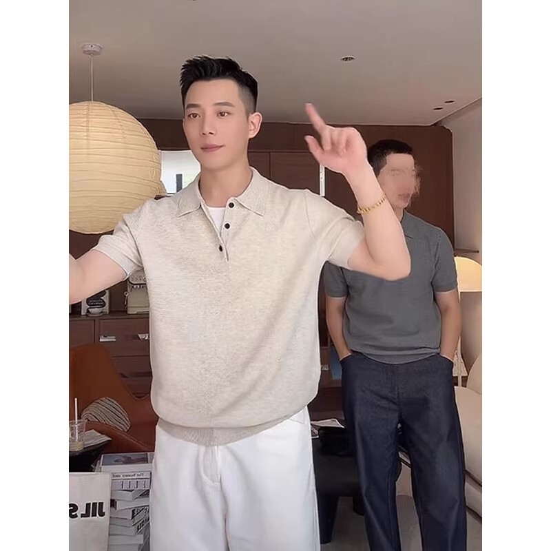 Old Money Style Outfit: Men's Summer Lightweight and High-End Business Slim-Fit Collared Short-Sleeve Polo Shirt in Apricot Color Old Money Style Outfit: Men's Summer Lightweight and High-End Business Slim-Fit Collared Short-Sleeve Polo Shirt in Apricot Color