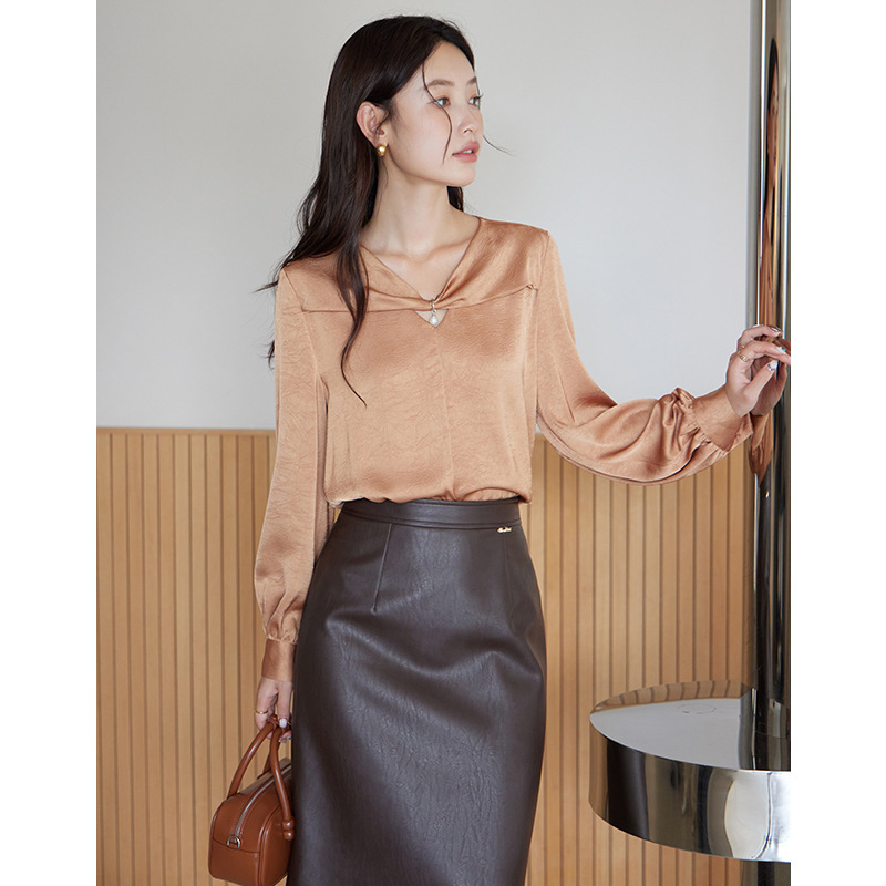 [특가 59 위안 반품 없음] 프랑스 우아한 셔츠 여성용 브이넥 셔츠 82750