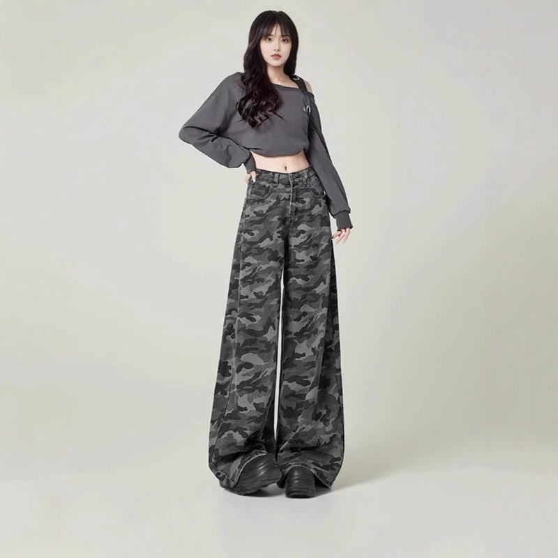 American Style High Street Tooling Wide Leg Camouflage Jeans Women's Spring and Autumn Retro High Waist Loose Slimming Straight Long Pants
