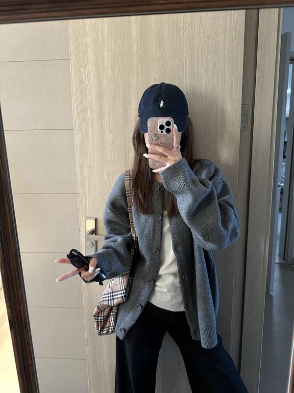 灰色针织开衫女秋季宽松慵懒风休闲百搭感外搭毛衣外套上衣冬|undefined