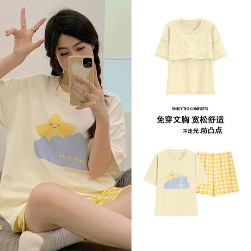 Pajamas women's summer short-sleeved set sweet chest pad Korean cartoon student casual home wear loose large size summer