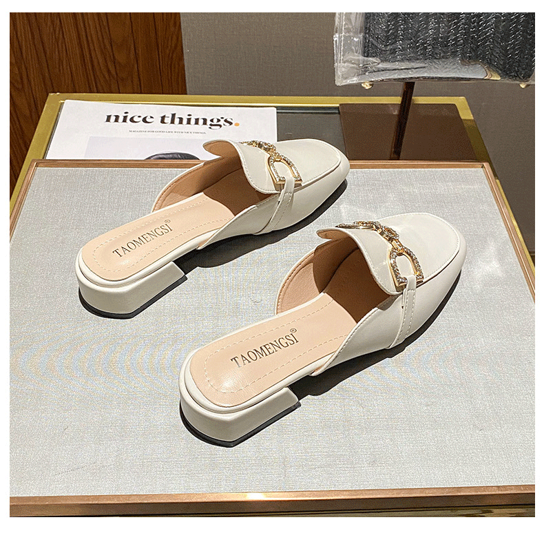 Dép sandal nữ bít mũi gót thô đính đá kim loại mũi ngang, kiểu lười nửa dép mùa hè — Màu mơ, Màu đen chi tiết 30