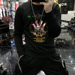 2021秋季个性重工珠片刺绣潮流修身帅气青年圆领卫衣男网红打底衫