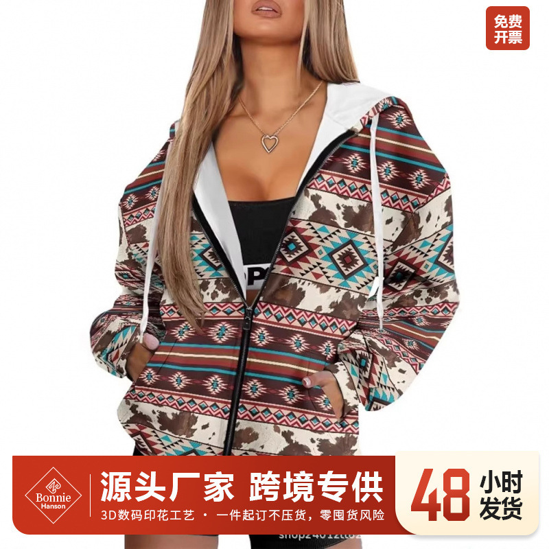 European and American Women's Retro Aztec Style St. Patrick's Clover 3D Printed Hooded Zip-Up Sweatshirt European and American Women's Retro Aztec Style St. Patrick's Clover 3D Printed Hooded Zip-Up Sweatshirt