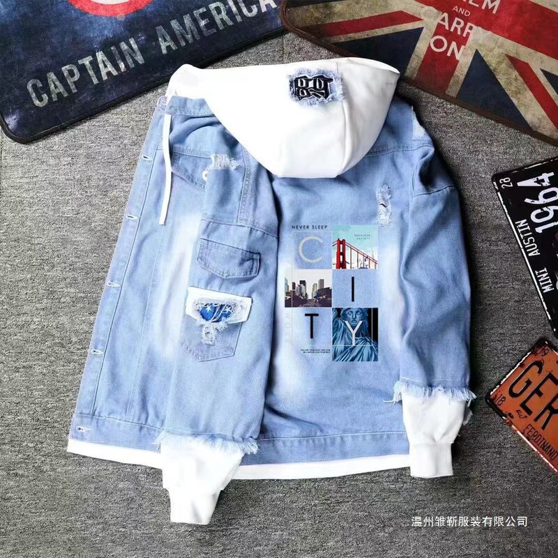 Spring and Autumn Jackets for Men and Women, Hong Kong Style Trendy Ripped Hooded Denim Jackets, Versatile Trendy Printed Tops for Teenagers Spring and Autumn Jackets for Men and Women, Hong Kong Style Trendy Ripped Hooded Denim Jackets, Versatile Trendy Printed Tops for Teenagers