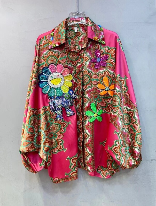 European and American style designer 2023 autumn and winter new heavy-duty embroidery sequined flower color fashion shirt cross-border fashion brand