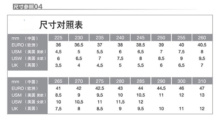 尺码对照表