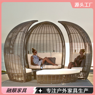 Outdoor Leisure Bed Courtyard Open-Air Simple Round Bed Sofa Outdoor Swimming Pool Creative Rattan Bed Sofa Combination