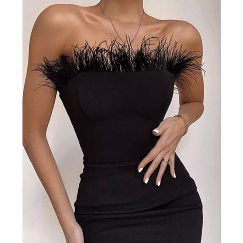 Amazon Aliexpress Hot Selling European and American Fashion Bandage Feather Dress Elastic Slim Tube Top Party Dress
