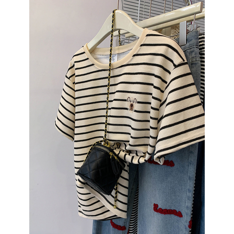 【大码300斤女装拉肩后包领】华夫格条纹刺绣宽松大码短袖T恤女