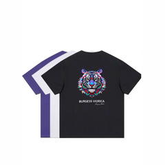 アメリカンレトロトレンディなコントラストカラーのタイガー刺繍ラウンドネック半袖Tシャツカップル夏ルーズカジュアルコットントップ