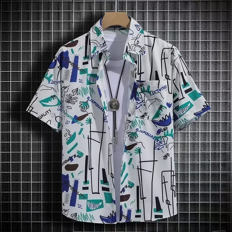 2023 nueva camisa de manga corta hombres de seda de hielo transpirable verano estilo coreano moda camisa impresa playa media manga camisa