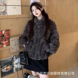 美蟹家同款25年秋冬时尚保暖环保皮草外套女气质立领拉链毛毛外套