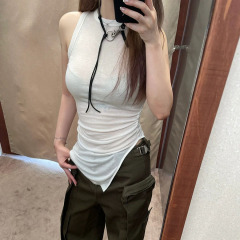 天絲羊毛抽褶開叉背心SS24顯瘦基礎無袖上衣黑白灰
