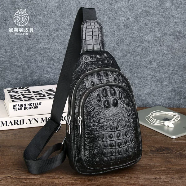Lion Leiden Crocodile Pattern Men's Genuine Leather One-shoulder Chest Bag Top Layer Cowhide Crossbody Bag Cross-border Trendy Men's Front Satchel