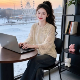 新中式国风刺绣蕾丝宽松衬衫女秋季新款洋气打底衫米杏色上衣7090