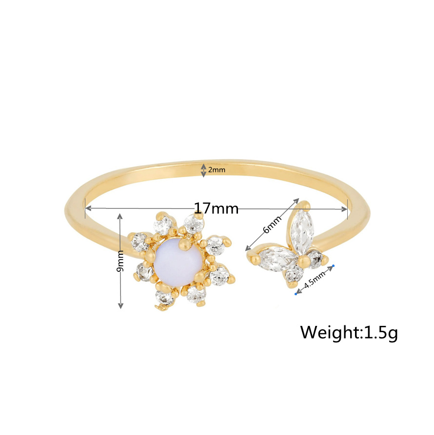 New Plum Blossom Butterfly Open Ring 18k Gold Zircon Inlaid Copper Adjustable Ring display picture 8