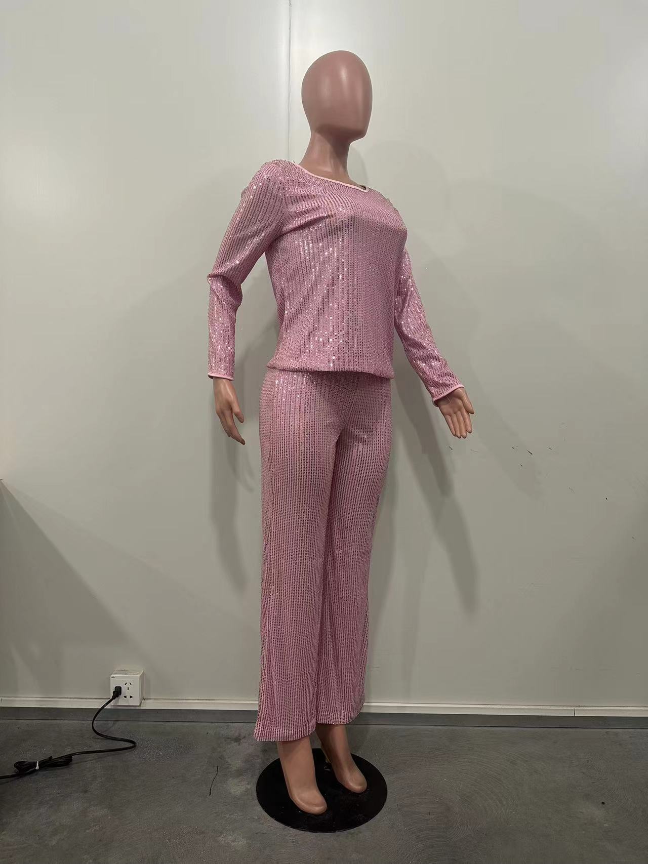 Women's Clothing new sequined solid color long sleeved trousers two piece set_voghion.com