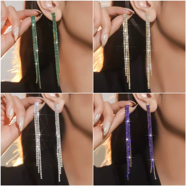 New Elegant Luxury Hole Green Rhinestone Earrings Women's Joker Chain Long Three Row Tassel Drill Earrings Earrings Wholesale