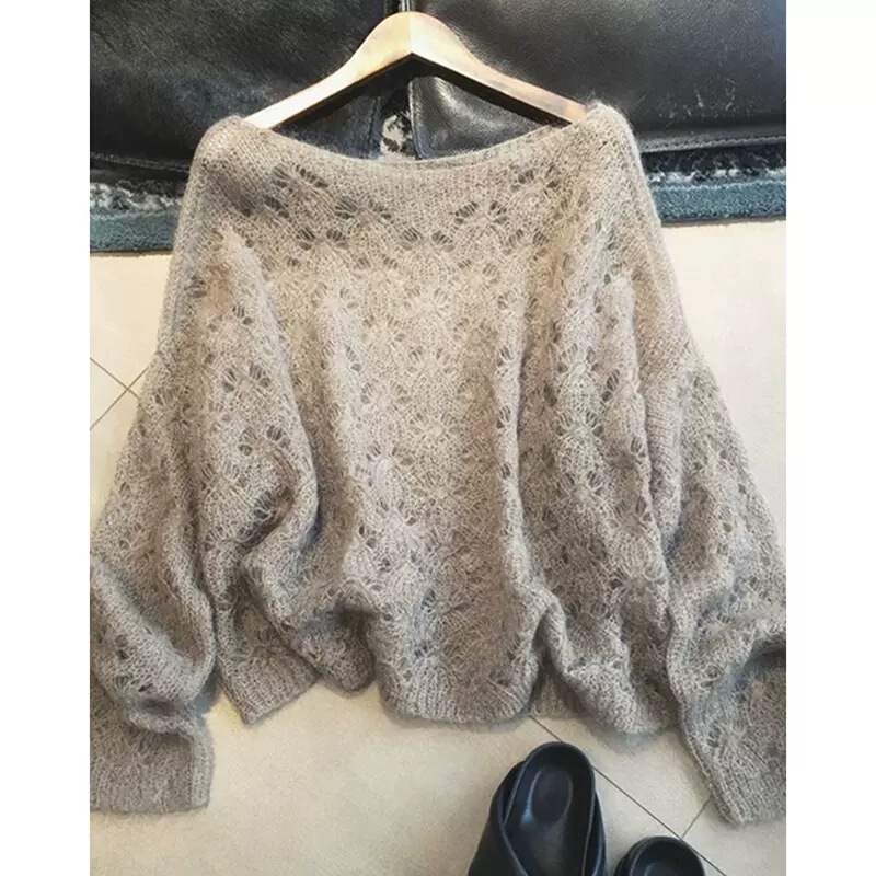 Cross-border High-end Hollow-out Grey Base Sweater Women's Early Autumn Thin Soft Waxy Casual Lazy Seahair Sweater Cross-border High-end Hollow-out Grey Base Sweater Women's Early Autumn Thin Soft Waxy Casual Lazy Seahair Sweater