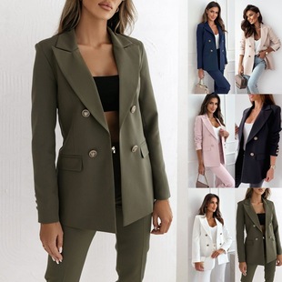 Foreign trade women's European and American style AliExpress women's 2024 autumn and winter new double-breasted solid color fashion suit jacket