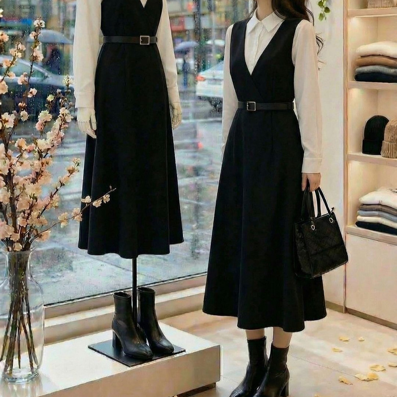 Designed with a Waist-Cinching Effect, Black Collared Tank Dress, New Spring and Autumn Style, Slimming and Versatile, Sleeveless Mid-Length Dress, New Model Designed with a Waist-Cinching Effect, Black Collared Tank Dress, New Spring and Autumn Style, Slimming and Versatile, Sleeveless Mid-Length Dress, New Model