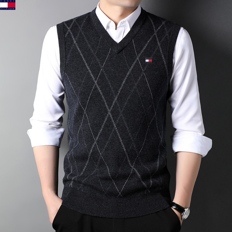 Tommy Tommy Wool Vest Men's 100 Pure Wool Vest Middle-aged and Elderly Dad Autumn and Winter Knitwear Sweater