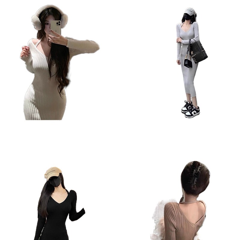 感秋冬季V领针织挂脖纯欲风辣妹后开叉毛衣连衣裙中长款裙女|undefined