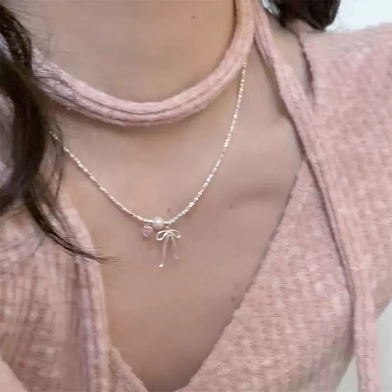 蝴蝶结碎银粉项链女不掉色小众高级饰品心形清新甜美锁骨链ins风