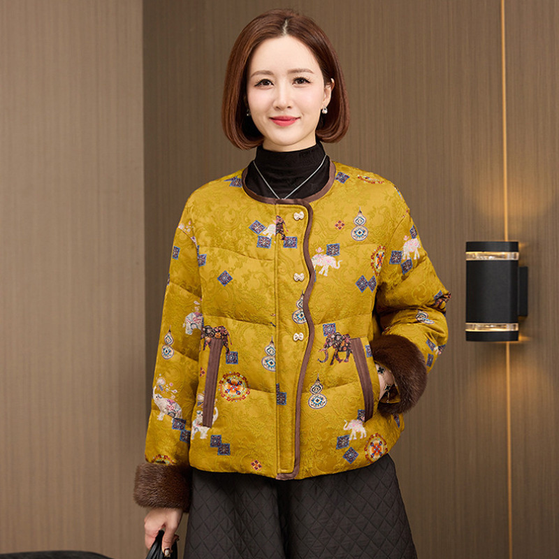 2025 Winter New Style Round Neck Printed Loose-Fitting Warm Mink Fur Fragrant Cloud Yarn down Jacket Beautiful Goose down Coat
