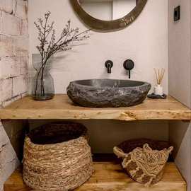 老榆木洗手柜落地家用实木洗脸盆老石槽户外浴室柜民宿洗手台组合