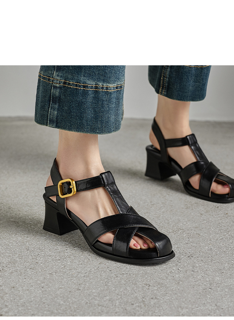Sandal nữ cao gót quai T dệt kiểu La Mã cổ điển — màu nâu chi tiết 19