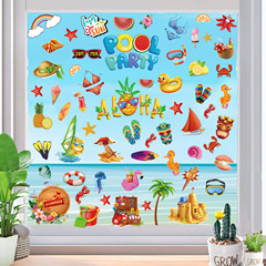 2024新亞馬遜夏季夏威夷節貼紙靜電窗貼水果沙灘比基尼創意裝飾畫