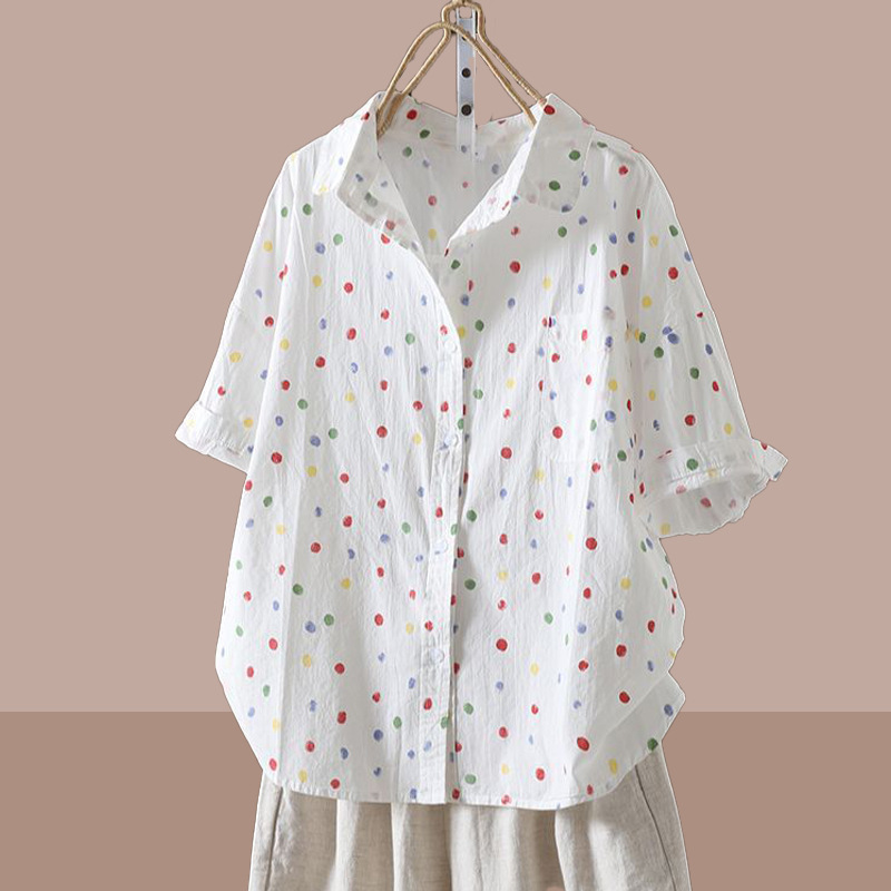 Artistic Colorful Polka Dot Short-Sleeve Shirt for Women, New Summer Style, Age-Reducing Casual Loose Shirt, Slimming Turn-Down Collar Top, Thin Artistic Colorful Polka Dot Short-Sleeve Shirt for Women, New Summer Style, Age-Reducing Casual Loose Shirt, Slimming Turn-Down Collar Top, Thin