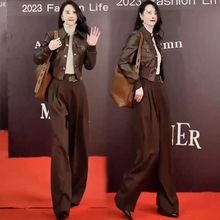 女装新款套装气质时尚修身显瘦黑色皮衣外套高腰阔腿裤春秋两件套
