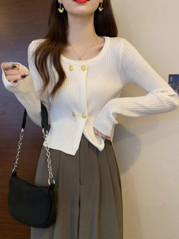 法式复古方领针织开衫女春装新款修身显瘦时尚百搭短款毛衣潮秋冬|undefined
