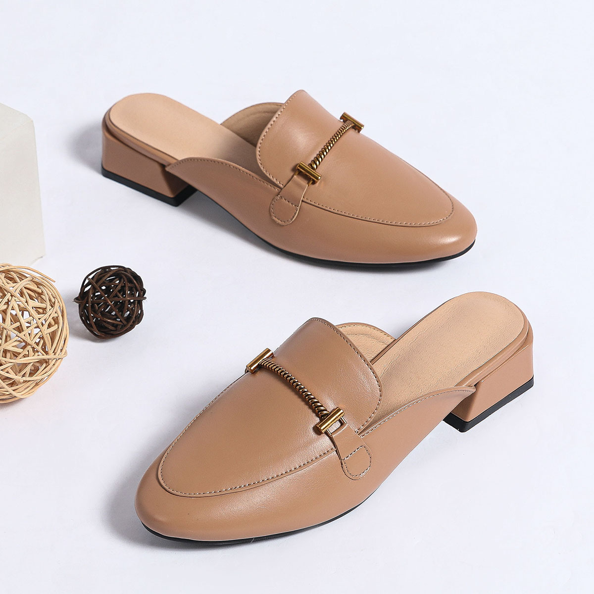 The New Spring Chunky Heel Sandals Slip On Baotou Drag Fashion All Match Soft Bottom Metal Buckle Summer Pointed Toe_voghion.com