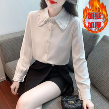 加绒加厚2023年秋冬娃娃领开衫灯笼袖小个子衬衫女上衣清新甜美