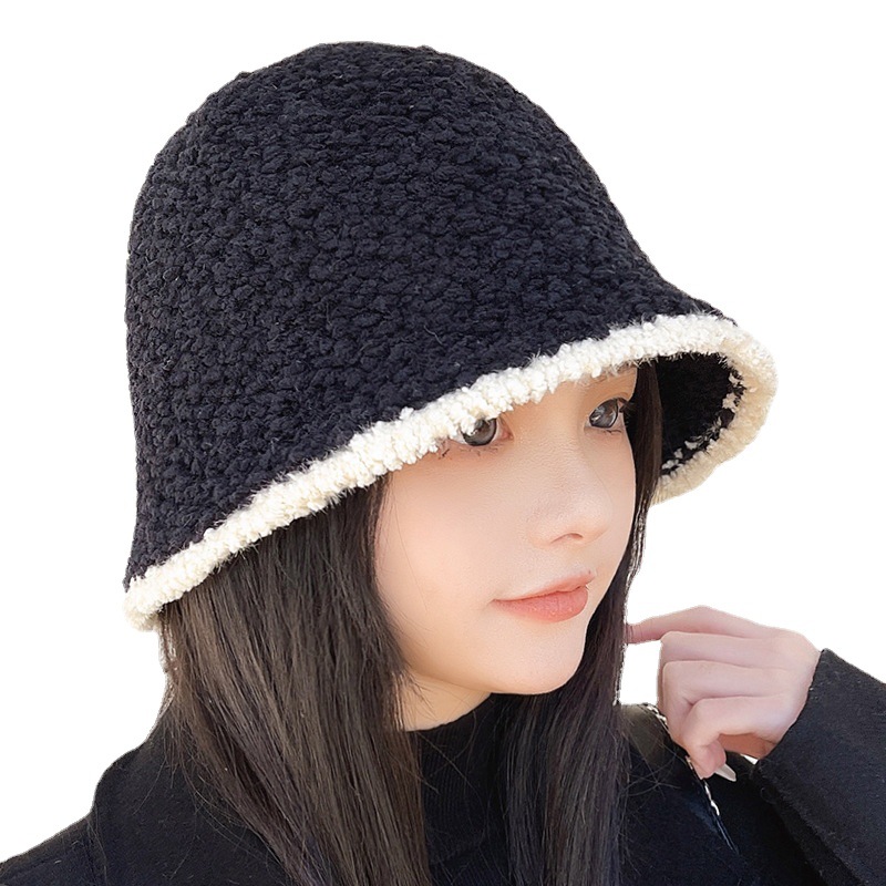 Korean version of the contrast color side plush bucket hat children autumn and winter fashion fisherman hat face small warm basin hat spot wholesale