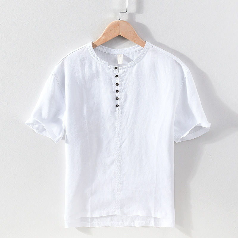 Camisa de manga corta de lino con cuello alto de verano para hombre, camisa de media manga de material de lino transpirable, holgada y fina, artística para jóvenes, para hombre_voghion.com