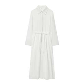 外贸新款欧美风  休闲宽松纯色百搭腰带长袖连衣裙