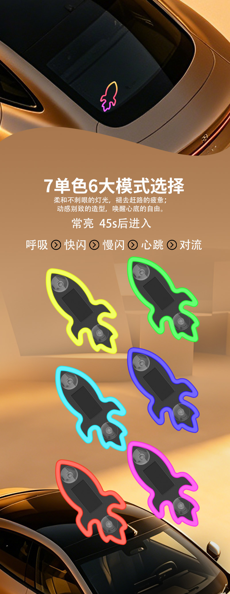 Car Solar Triangle Window Rocket Ambient Light, No Wiring Required, LED Interior Modification Neon Light, USB Decorative Light