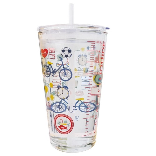 Wholesale Manufacturer Cartoon Glass Cups with Straws Beverage Cups Creative Cute Office Ruler Milk Cups Creative Fruit