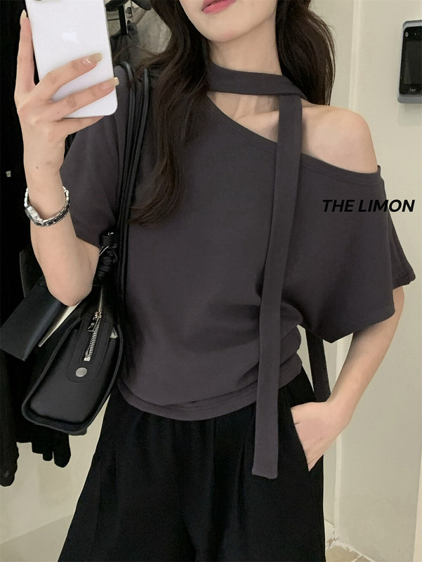 the limon柠檬绿茶秋季上新韩系慵懒风设计感飘带斜肩短袖T恤女|undefined